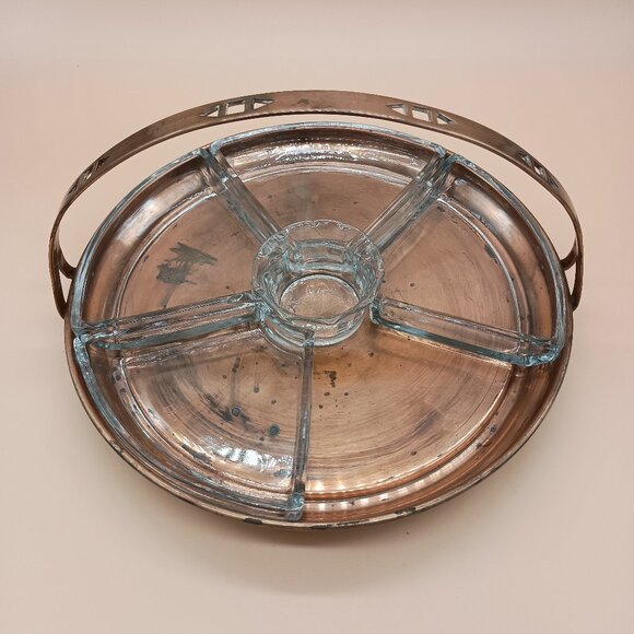 Vintage Copper & Glass Segmented Hors D'oeuvres Serving Tray w/ Handle READ - Picture 1 of 4